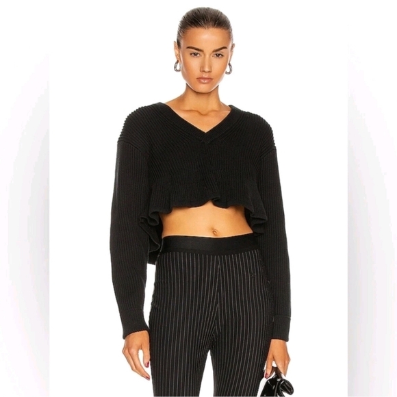 Alexander Wang Tops - ALEXANDER WANG Cropped V Neck Ribbed Peplum Pullover Sweater in Black Size Small